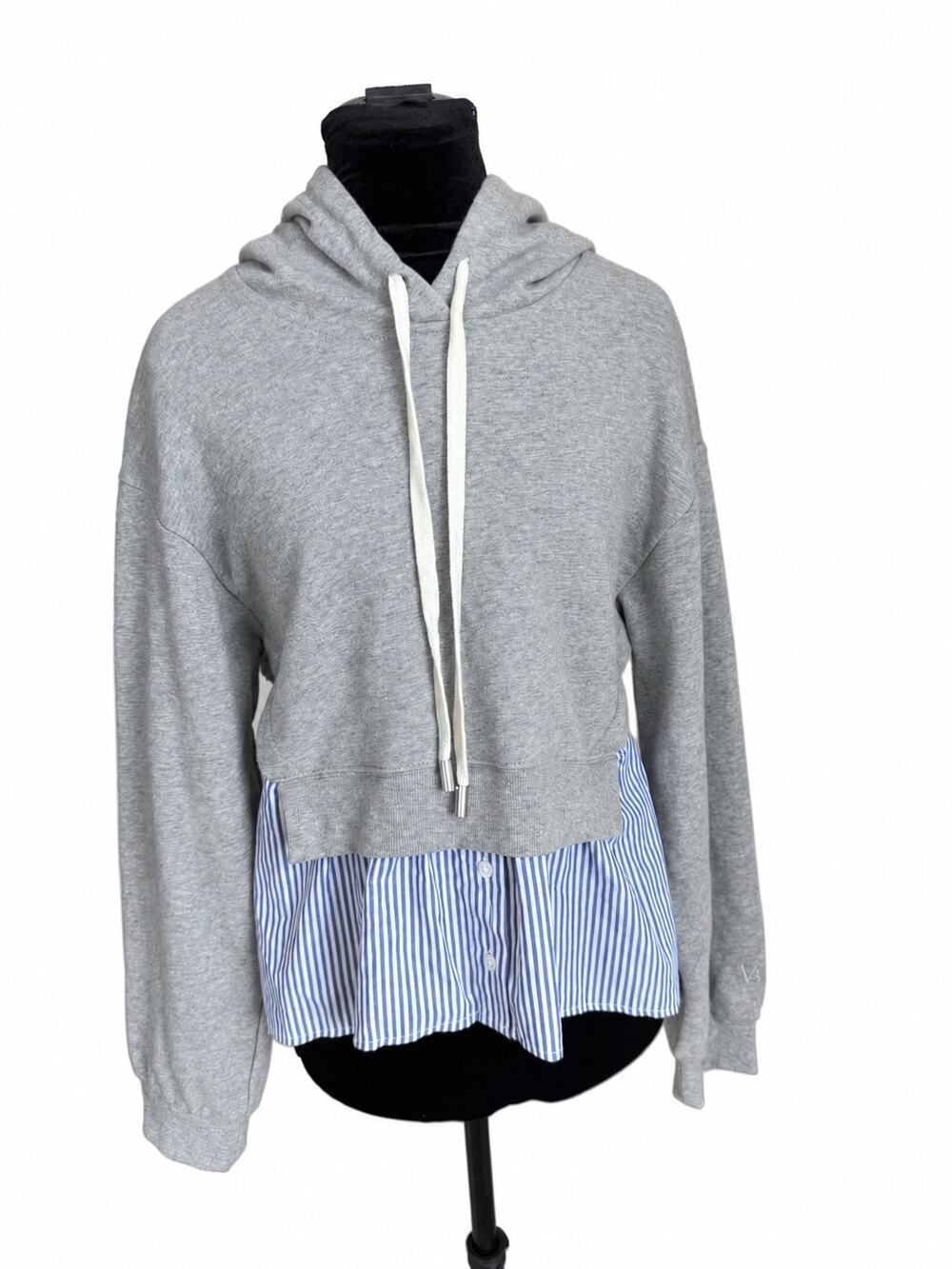 Veronica Beard Mixed Media Hoodie with Blue & White Striped Shirt Hem